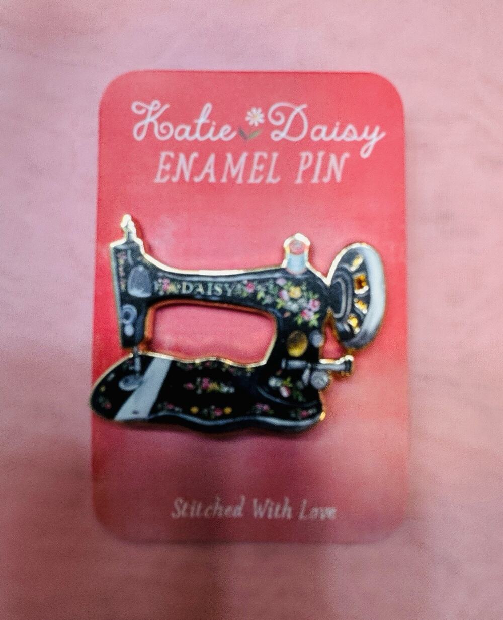 Katie Daisy Enamel Pin Sewing Machine Double Pin Posts Black Floral